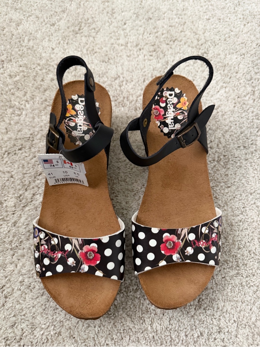 Desigual Black Polka Dot Floral Sandals with Pink Accents